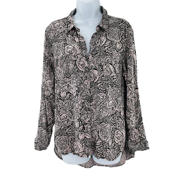 ROCK & REPUBLIC Blush Rose Floral Long Sleeve Roll Tab Button Down Shirt L - Picture 3 of 12